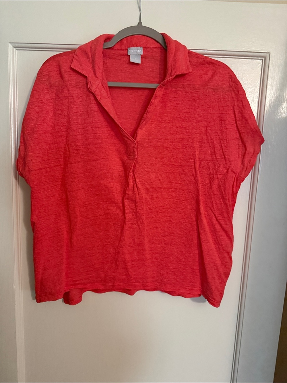 CHICO’S Coral Red Short Sleeve Button-Down Shirt